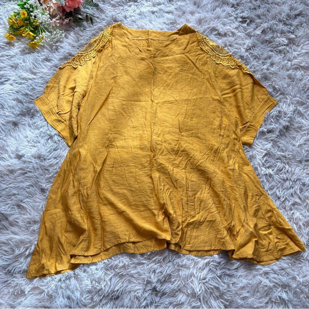 Flared Tunic [L] Mustard, Embroidered Sleeves, Half Sleeves, Pullover